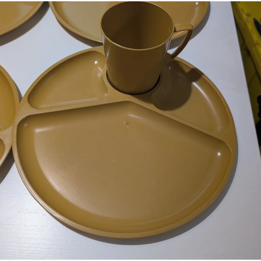 Vintage Harvest Gold Plastic Divided Picnic Plates and Mugs Set of 8 1970s Retro
